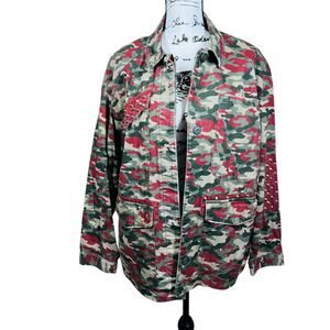 Zara Trafaluc Green and Red Camouflage Studded Jacket size L Military Utility